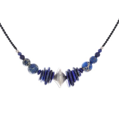 Lapis lazuli and variscite beaded pendant necklace, 'Circular Pyramid' - Lapis Lazuli and Variscite Beaded Pendant Necklace