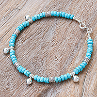 Silver beaded charm bracelet, 'Lovely Sky' - Karen Silver and Recon. Turquoise Beaded Charm Bracelet