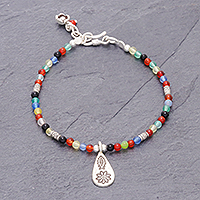 Chalcedony Beaded Bracelet with Karen Silver Charm,'Hill Tribe Rainbow'