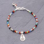 Chalcedony beaded bracelet, 'Hill Tribe Rainbow' - Chalcedony Beaded Bracelet with Karen Silver Charm