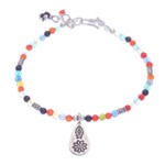 Chalcedony beaded bracelet, 'Hill Tribe Rainbow' - Chalcedony Beaded Bracelet with Karen Silver Charm