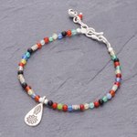 Chalcedony beaded bracelet, 'Hill Tribe Rainbow' - Chalcedony Beaded Bracelet with Karen Silver Charm