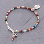 Chalcedony beaded bracelet, 'Hill Tribe Rainbow' - Chalcedony Beaded Bracelet with Karen Silver Charm