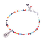 Chalcedony beaded bracelet, 'Hill Tribe Rainbow' - Chalcedony Beaded Bracelet with Karen Silver Charm