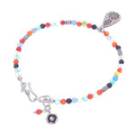 Chalcedony beaded bracelet, 'Hill Tribe Rainbow' - Chalcedony Beaded Bracelet with Karen Silver Charm