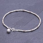 Silver beaded bracelet, 'Hill Tribe Ring' - Karen Silver Beaded Bracelet with Ringing Bell from Thailand