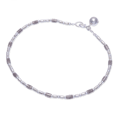 Silver beaded bracelet, 'Hill Tribe Ring' - Karen Silver Beaded Bracelet with Ringing Bell from Thailand