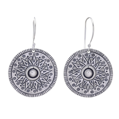 Silver dangle earrings, 'Powerful Sun' - Circular Karen Silver Dangle Earrings from Thailand