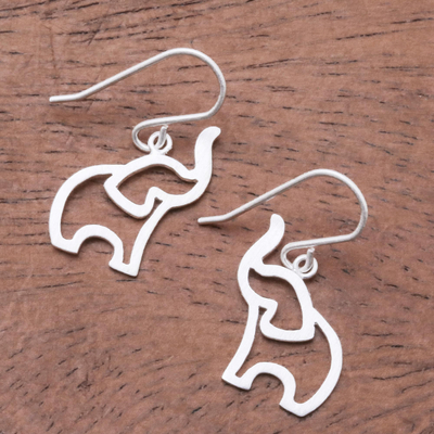 Sterling silver dangle earrings, 'Reverent Elephants' - Brushed-Satin Sterling Silver Elephant Dangle Earrings