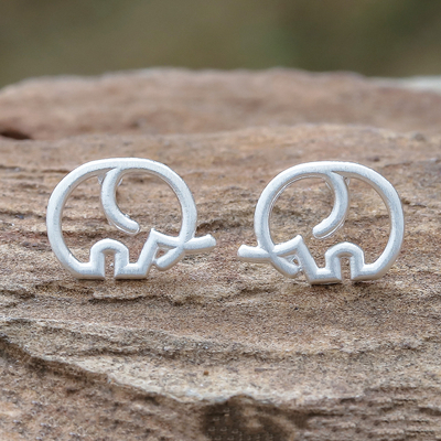 Sterling silver stud earrings, 'Cute Tusks' - Round Sterling Silver Elephant Stud Earrings from Thailand