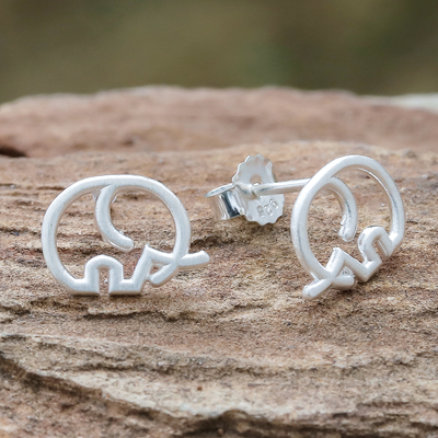 Sterling silver stud earrings, 'Cute Tusks' - Round Sterling Silver Elephant Stud Earrings from Thailand