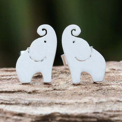 Sterling silver stud earrings, 'Singing Elephants' - Brushed-Satin Sterling Silver Elephant Stud Earrings