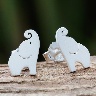 Sterling silver stud earrings, 'Singing Elephants' - Brushed-Satin Sterling Silver Elephant Stud Earrings