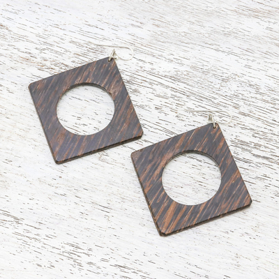Wood dangle earrings, 'Dark Brown Natural Creativity' - Square Dark Lontar Wood Dangle Earrings from Thailand