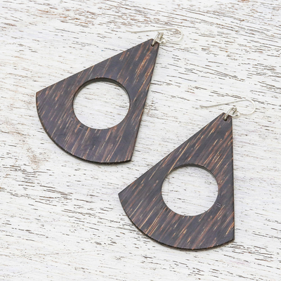 Wood dangle earrings, 'Dark Brown Natural Abstract' - Abstract Dark Brown Lontar Wood Dangle Earrings