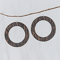 Wood dangle earrings, 'Dark Brown Rings of Nature' - Dark Brown Lontar Wood Ring-Shaped Dangle Earrings