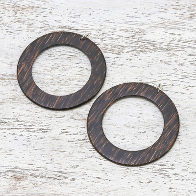 Wood dangle earrings, 'Dark Brown Rings of Nature' - Dark Brown Lontar Wood Ring-Shaped Dangle Earrings