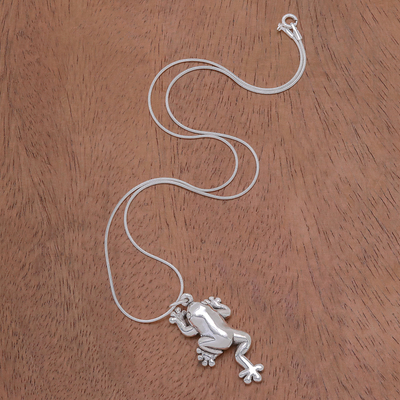 Sterling Silver Frog Pendant Necklace from Thailand - Climbing