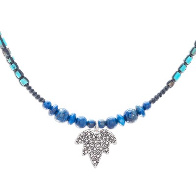 Lapis lazuli beaded pendant necklace, 'Boho Maple' - Maple Leaf Lapis Lazuli Beaded Pendant Necklace