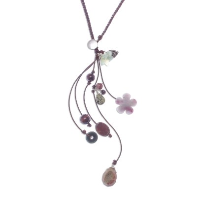 Multi-gemstone Y-necklace, 'Intriguing Flowers' - Floral Multi-Gemstone Y-Necklace from Thailand