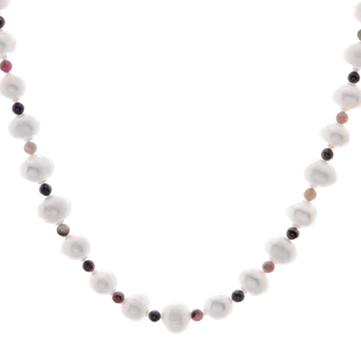 Cultured pearl and tourmaline strand necklace, 'Colorful Palace' - Cultured Pearl and Tourmaline Beaded Necklace from Thailand