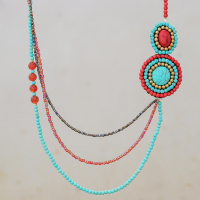 Lange Perlenkette mit mehreren Edelsteinen - Halskette mit Perlenstrang-Anhänger und mehreren Edelsteinen aus Thailand