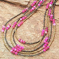 Quartz and agate beaded strand necklace, 'Boho Elegance in Pink'