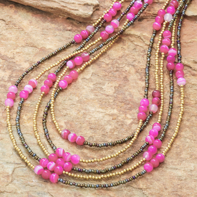 Quartz and agate beaded strand necklace, Boho Elegance in Pink