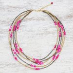 Quartz and agate beaded strand necklace, 'Boho Elegance in Pink' - Pink Quartz and Agate Beaded Strand Necklace from Thailand