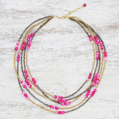 Quartz and agate beaded strand necklace, 'Boho Elegance in Pink' - Pink Quartz and Agate Beaded Strand Necklace from Thailand
