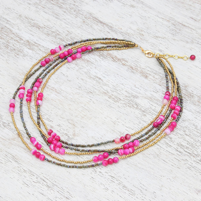 Halskette aus Quarz- und Achatperlen - Perlenkette aus rosa Quarz und Achat aus Thailand