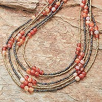 Carnelian Beaded Strand Necklace from Thailand,'Boho Elegance in Red-Orange'