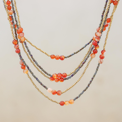 Carnelian beaded strand necklace, 'Boho Elegance in Red-Orange' - Carnelian Beaded Strand Necklace from Thailand