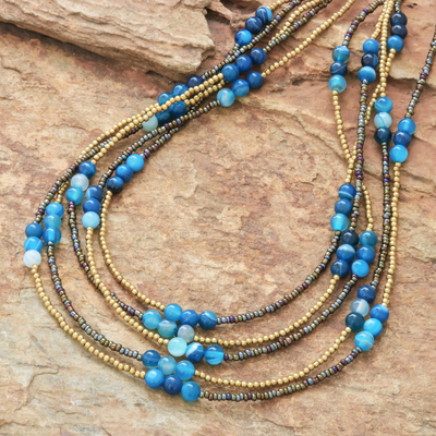 Agate beaded strand necklace, 'Boho Elegance in Blue' - Blue Agate Beaded Strand Necklace from Thailand