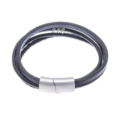 Leather cord bracelet, 'Free Spirited in Black' - Leather Cord Bracelet in Black from Thailand