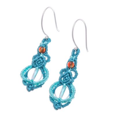 Quartz and Chalcedony Macrame Dangle Earrings from Thailand