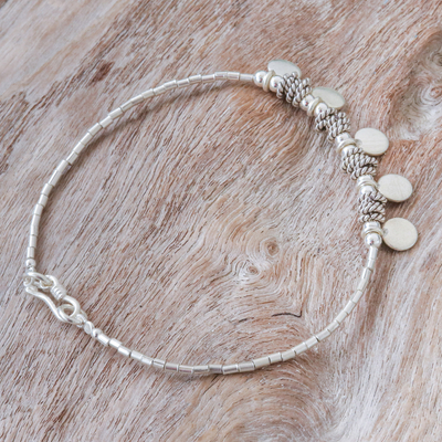 Silver beaded charm bracelet, 'Dangling Mirrors' - Circle Motif Silver Beaded Charm Bracelet from Thailand