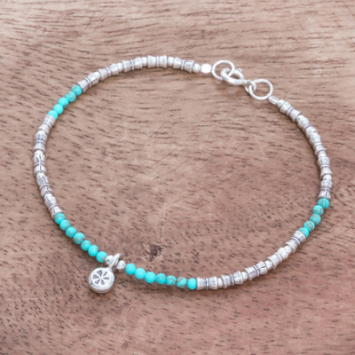 Silver beaded bracelet, 'Karen Glee' - Karen Reconstituted Turquoise Beaded Bracelet from Thailand