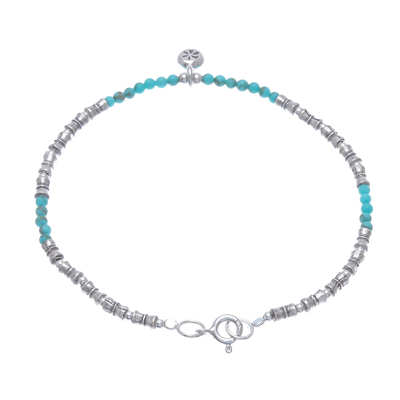 Silver beaded bracelet, 'Karen Glee' - Karen Reconstituted Turquoise Beaded Bracelet from Thailand