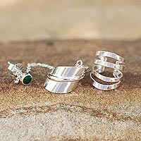 Sterling silver ear cuffs, 'Forest Whisper' - Sterling Silver Ear Cuffs with Chain in Green from Thailand
