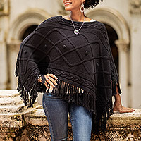 Short cotton poncho, 'Charming Knit in Onyx'