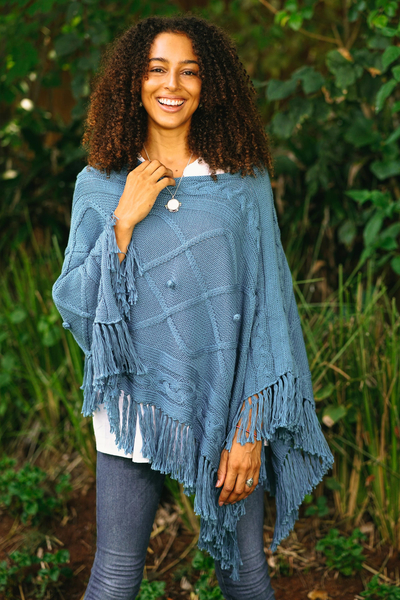 Short cotton poncho, 'Charming Knit in Cerulean' - Short Knit Cotton Poncho in Cerulean from Thailand