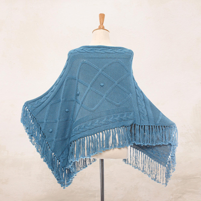 Short cotton poncho, 'Charming Knit in Cerulean' - Short Knit Cotton Poncho in Cerulean from Thailand