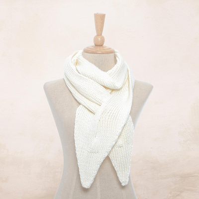 Cotton scarf, 'Ascot Charm in Eggshell' - Knit Cotton Wrap Scarf in Eggshell from Thailand