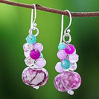 Jasper and quartz beaded cluster earrings, 'Exotic Colors' - Jasper and Quartz Beaded Cluster Earrings from Thailand