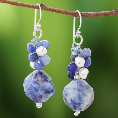 Lapis lazuli and cultured pearl beaded cluster earrings, 'Beautiful Glam' - Lapis Lazuli and Cultured Pearl Beaded Cluster Earrings