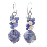 Lapis lazuli and cultured pearl beaded cluster earrings, 'Beautiful Glam' - Lapis Lazuli and Cultured Pearl Beaded Cluster Earrings