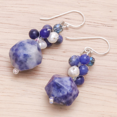 Lapis lazuli and cultured pearl beaded cluster earrings, 'Beautiful Glam' - Lapis Lazuli and Cultured Pearl Beaded Cluster Earrings