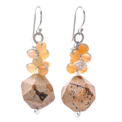 Multi-gemstone beaded cluster earrings, 'Beautiful Glam in Brown' - Multi-Gemstone Beaded Cluster Earrings in Brown