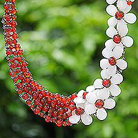 Carnelian and quartz beaded statement necklace, 'White Flower Garden' - Floral Carnelian and Quartz Beaded Statement Necklace